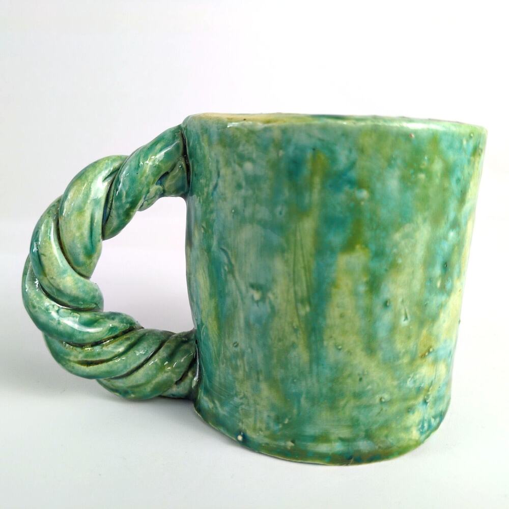 Vintage NC Studio Art Pottery Brutalist Chunky Mug Handmade Abstract Slip Signed